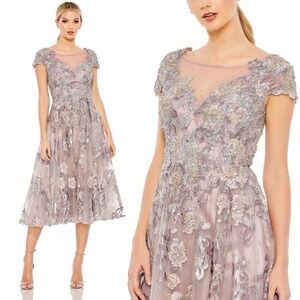 Mac Duggal NEW Lilac Purple Embroidered Cap Sleeve A Line Midi Dress -‎ Size 16